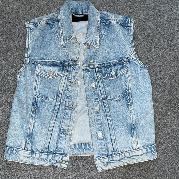 ALLSAINTS ALVA OVERSIZED BLUE DENIM VEST FRONT BUTTONS & LOGO BACK RING EUC  XS - Picture 1 of 13